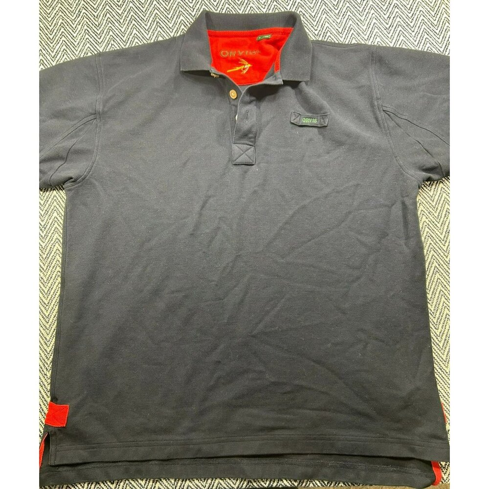 Orvis Mens Large Navy Polo Shirt Red Accents 100% Cotton Classic Fit